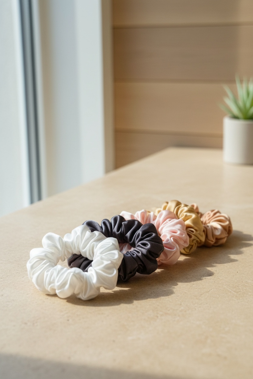 Silk scrunchies – varm beige bakgrunn